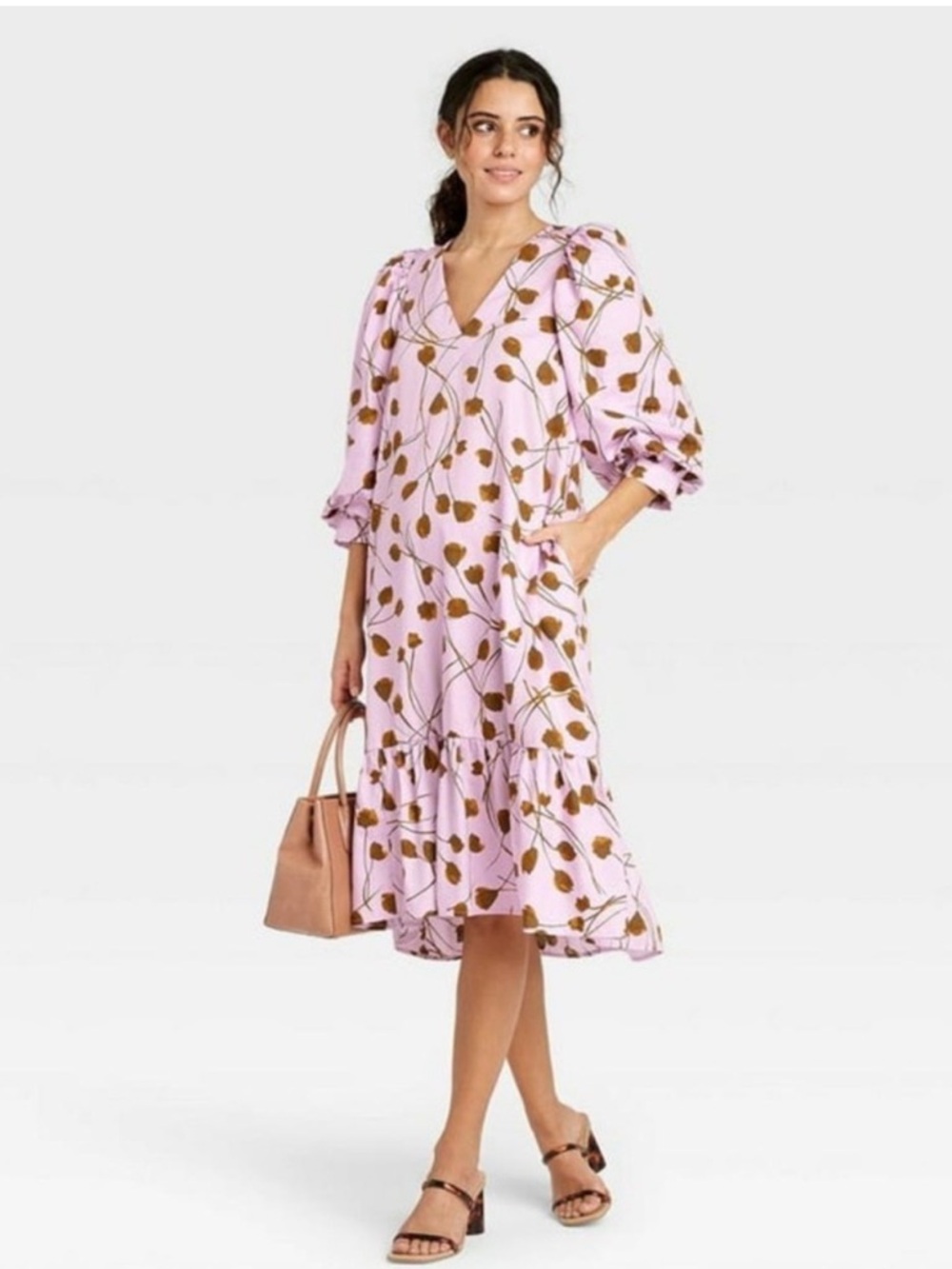a new day Women’s Lilac Floral Midi Dress with Puff Sleeves